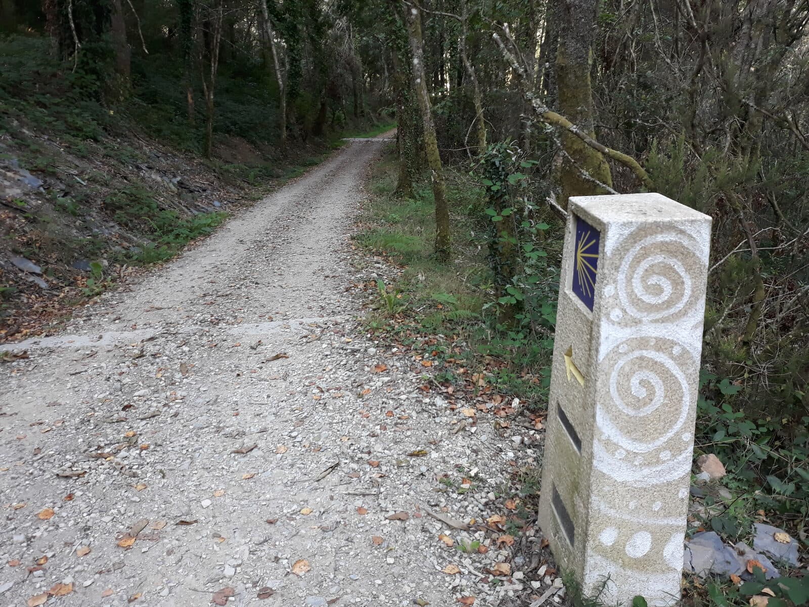 Borne du chemin de Compostelle — coquille Saint-Jacques gravée dans la pierre
